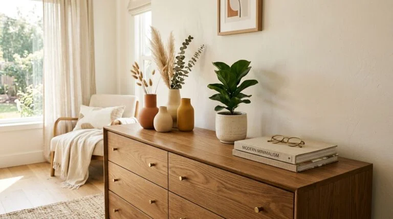 Co postawić na komodzie? Modne i przytulne ozdoby na komodę w duchu warm minimalism