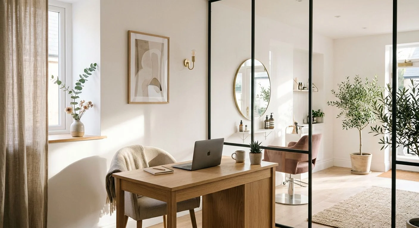 Mały salon kosmetyczny projekt i aranżacja przytulnego gabinetu w stylu warm minimalism